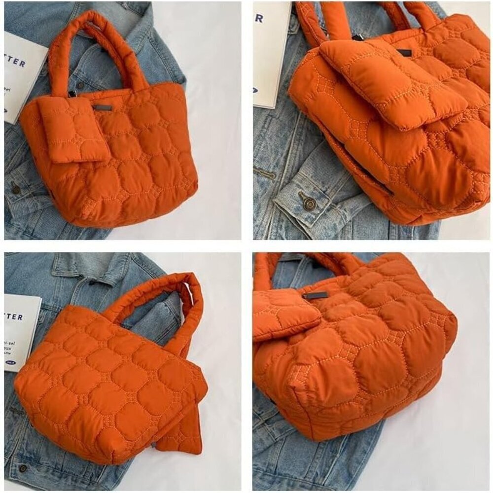 Women’s Quilted Nylon Tote Small Puffer Handbag with Wallet Multi-Use - Picture 5 of 7